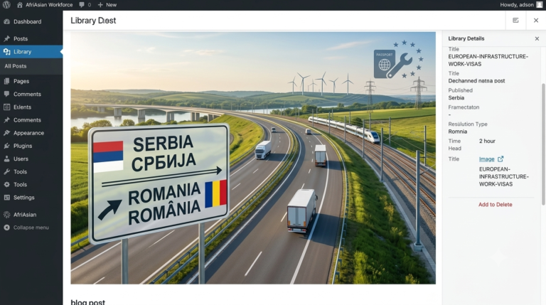 Modern Eastern European highway and high-speed rail infrastructure with directional road signs for Serbia and Romania, highlighting cross-border technical workforce mobility and work visa opportunities.