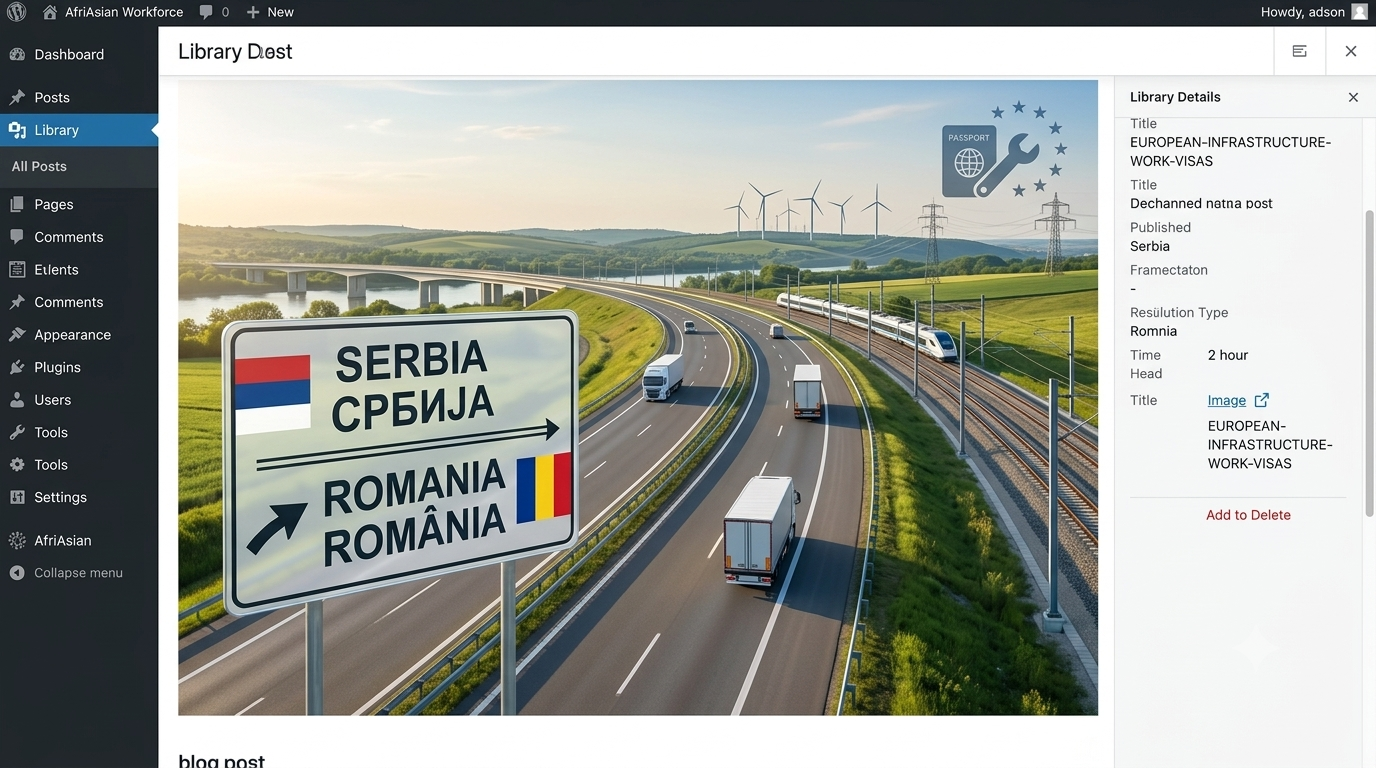 Modern Eastern European highway and high-speed rail infrastructure with directional road signs for Serbia and Romania, highlighting cross-border technical workforce mobility and work visa opportunities.