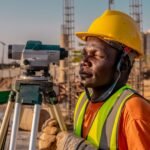 construction worker using survey equipment outdoors